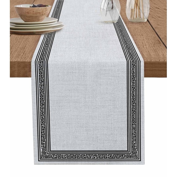 Table Runner 72 Inches Long for Kitchen Dining, Gray Geometric Dresser Scarf Farmhouse, Dining Table Decorations for Wedding/Parties, Black Greek Key Design Burlap Modern Art 13 x 72 In