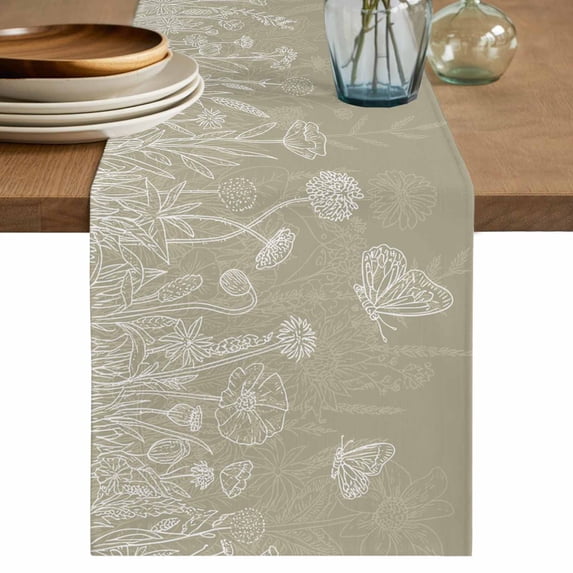 Table Runner 72 Inches Long for Kitchen Dining, Green Brown Wildflowers Dresser Scarf Farmhouse, Dining Table Decorations for Wedding/Parties, Modern Floral Butterfly Plant 16 x 72 In