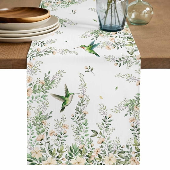 Table Runner 72 Inches Long for Kitchen Dining, Green Eucalyptus Leaves Dresser Scarf Farmhouse, Dining Table Decorations for Wedding/Parties, Birds Flowers Spring Watercolor Floral 18 x 72 In