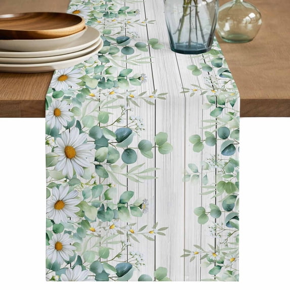 Table Runner 72 Inches Long for Kitchen Dining, Green Eucalyptus Leaves Dresser Scarf Farmhouse, Dining Table Decorations for Wedding/Parties, Daisy Summer Botanical Wooden 16 x 72 In