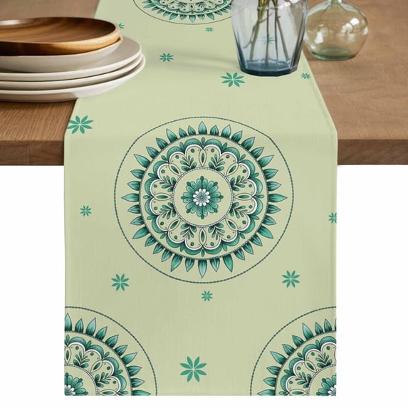 Table Runner 72 Inches Long for Kitchen Dining, Green Floral Dresser Scarf Farmhouse, Dining Table Decorations for Wedding/Parties, round Floral Ethnic Abstract Patterned 16 x 72 In