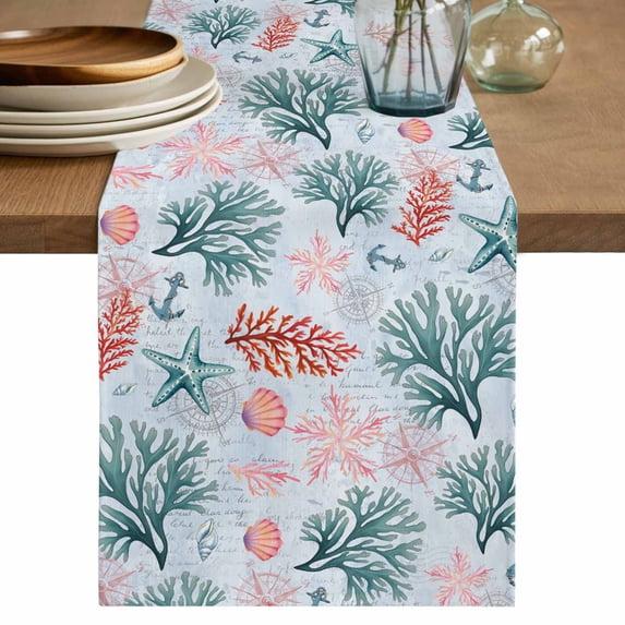 Table Runner 72 Inches Long for Kitchen Dining, Green Red Coral Dresser Scarf Farmhouse, Dining Table Decorations for Wedding/Parties, Coastal Nautical Summer Beach 16 x 72 In