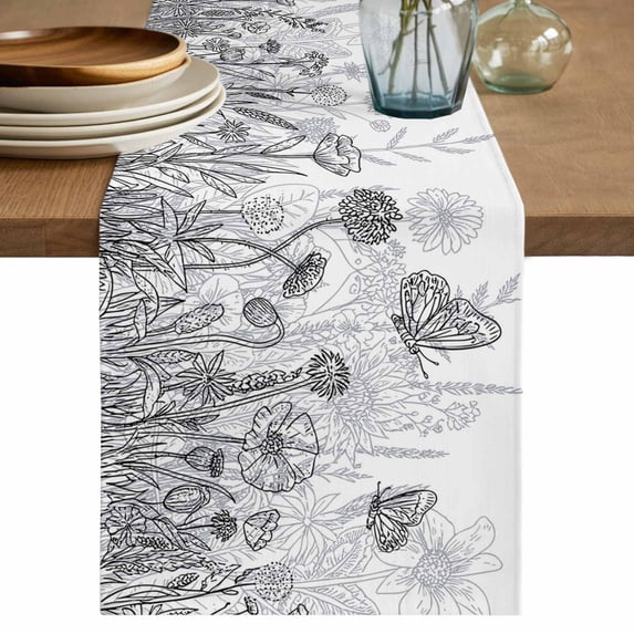 Table Runner 72 Inches Long for Kitchen Dining, Grey Wildflowers Dresser Scarf Farmhouse, Dining Table Decorations for Wedding/Parties, Modern Spring Floral Butterfly Plant 13 x 72 In