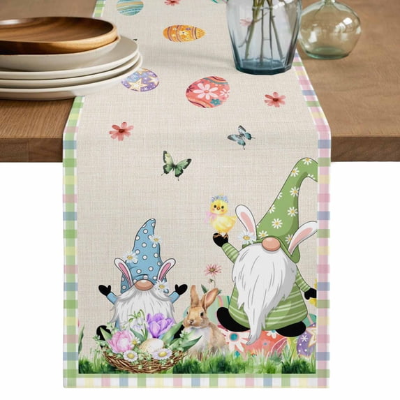Table Runner 72 Inches Long for Kitchen Dining, Happy Easter Dresser Scarf Farmhouse, Dining Table Decorations for Wedding/Parties, Green Blue Gnomes Bunny Flowers Striped 14 x 72 In