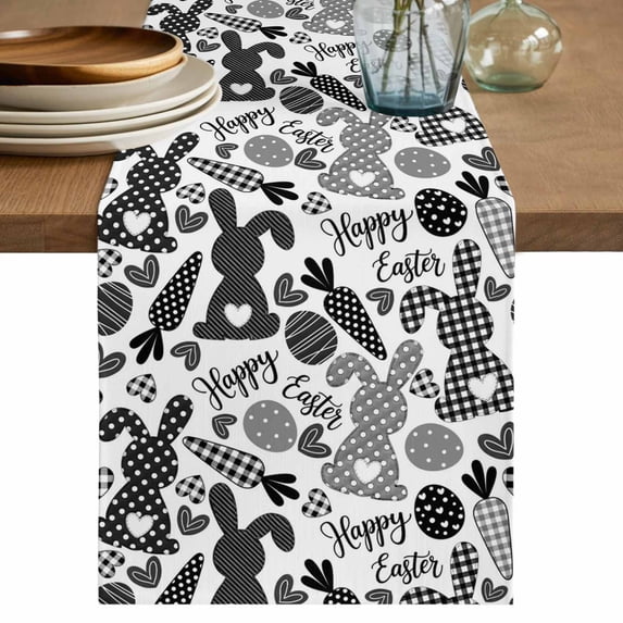 Table Runner 72 Inches Long for Kitchen Dining, Happy Easter Dresser Scarf Farmhouse, Dining Table Decorations for Wedding/Parties, Rabbits Eggs Carrots Black Gray Plaid 13 x 72 In