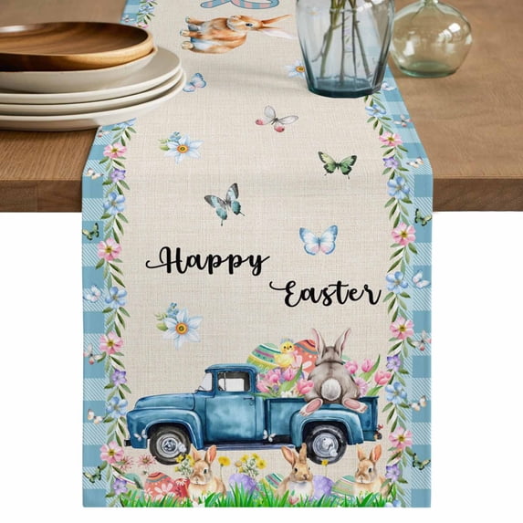 Table Runner 72 Inches Long for Kitchen Dining, Happy Easter Dresser Scarf Farmhouse, Dining Table Decorations for Wedding/Parties, Spring Truck Bunny Butterfly Blue Plaid 16 x 72 In