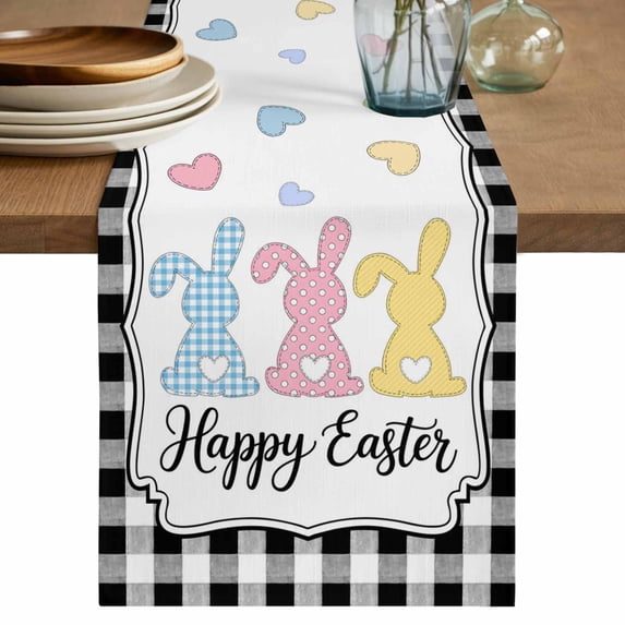 Table Runner 72 Inches Long for Kitchen Dining, Happy Easter Dresser Scarf Farmhouse, Dining Table Decorations for Wedding/Parties, Spring Watercolor Rabbits Black White Plaid 18 x 72 In