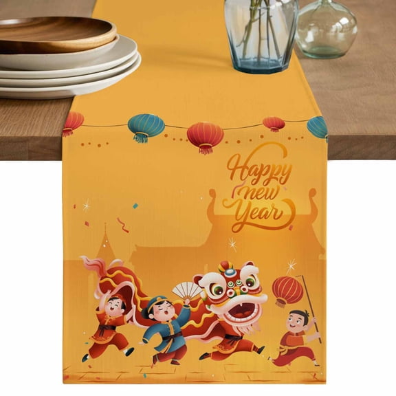 Table Runner 72 Inches Long for Kitchen Dining, Happy New Year Dresser Scarf Farmhouse, Dining Table Decorations for Wedding/Parties, Spring Festival Red Yellow Dragon Dance 13 x 72 In