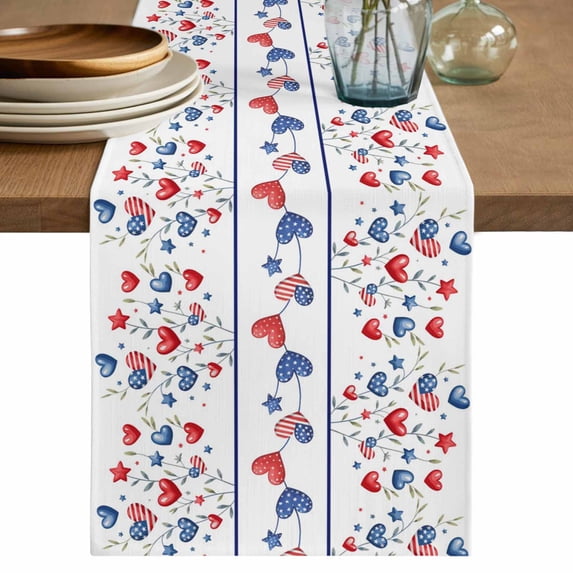 Table Runner 72 Inches Long for Kitchen Dining, Independence Day Dresser Scarf Farmhouse, Dining Table Decorations for Wedding/Parties, 4th of July Red Blue Strip Love Leaves 16 x 72 In