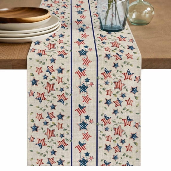 Table Runner 72 Inches Long for Kitchen Dining, Independence Day Dresser Scarf Farmhouse, Dining Table Decorations for Wedding/Parties, 4th of July Red Blue Stripes Star Burlap 14 x 72 In