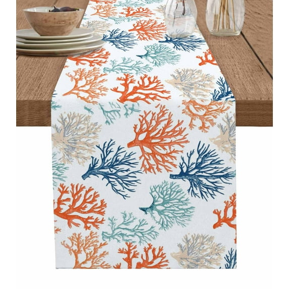 Table Runner 72 Inches Long for Kitchen Dining, Multicolored Coral Dresser Scarf Farmhouse, Dining Table Decorations for Wedding/Parties, Coastal Ocean Orange Blue Green Ombre 13 x 72 In