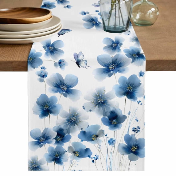 Table Runner 72 Inches Long for Kitchen Dining, Navy Blue Floral Dresser Scarf Farmhouse, Dining Table Decorations for Wedding/Parties, Spring Flowers Butterflies Watercolor 18 x 72 In