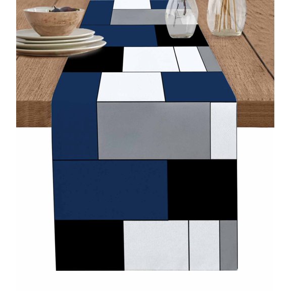 Table Runner 72 Inches Long for Kitchen Dining, Navy Blue Grey Geometric Dresser Scarf Farmhouse, Dining Table Decorations for Wedding/Parties, Modern Black White Abstract Art 13 x 72 In