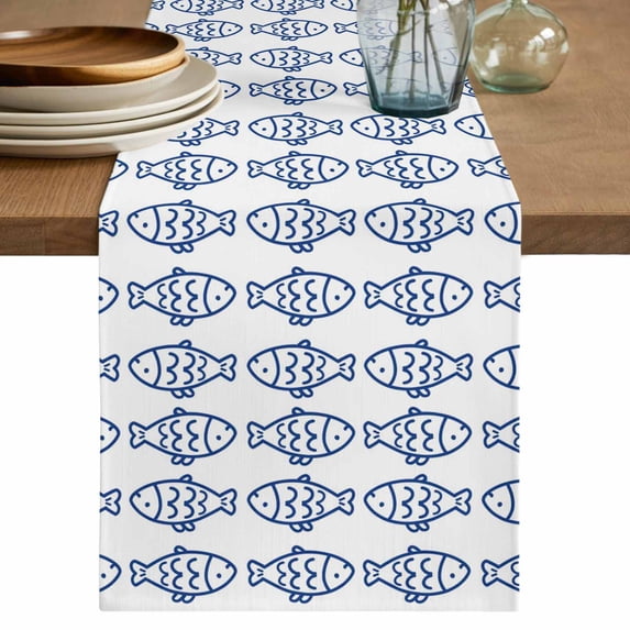 Table Runner 72 Inches Long for Kitchen Dining, Ocean Blue Fish Dresser Scarf Farmhouse, Dining Table Decorations for Wedding/Parties, Summer Fishing Coastal Nautical Simple 18 x 72 In