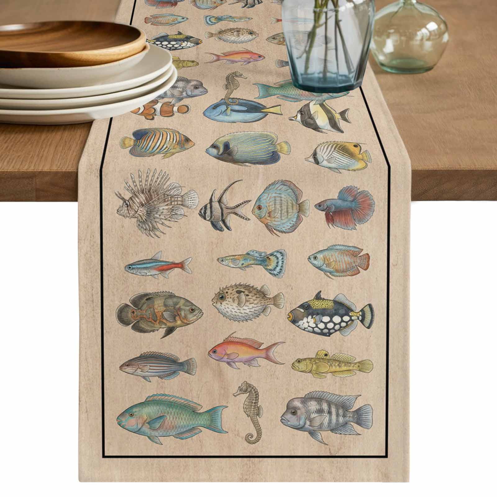 Table Runner 72 Inches Long for Kitchen Dining, Ocean Fishes Dresser ...
