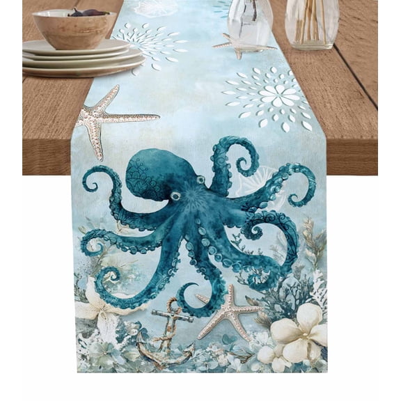 Table Runner 72 Inches Long for Kitchen Dining, Octopus Blue Dresser Scarf Farmhouse, Dining Table Decorations for Wedding/Parties, Coastal Starfish Nautical Anchor Flower 13 x 72 In