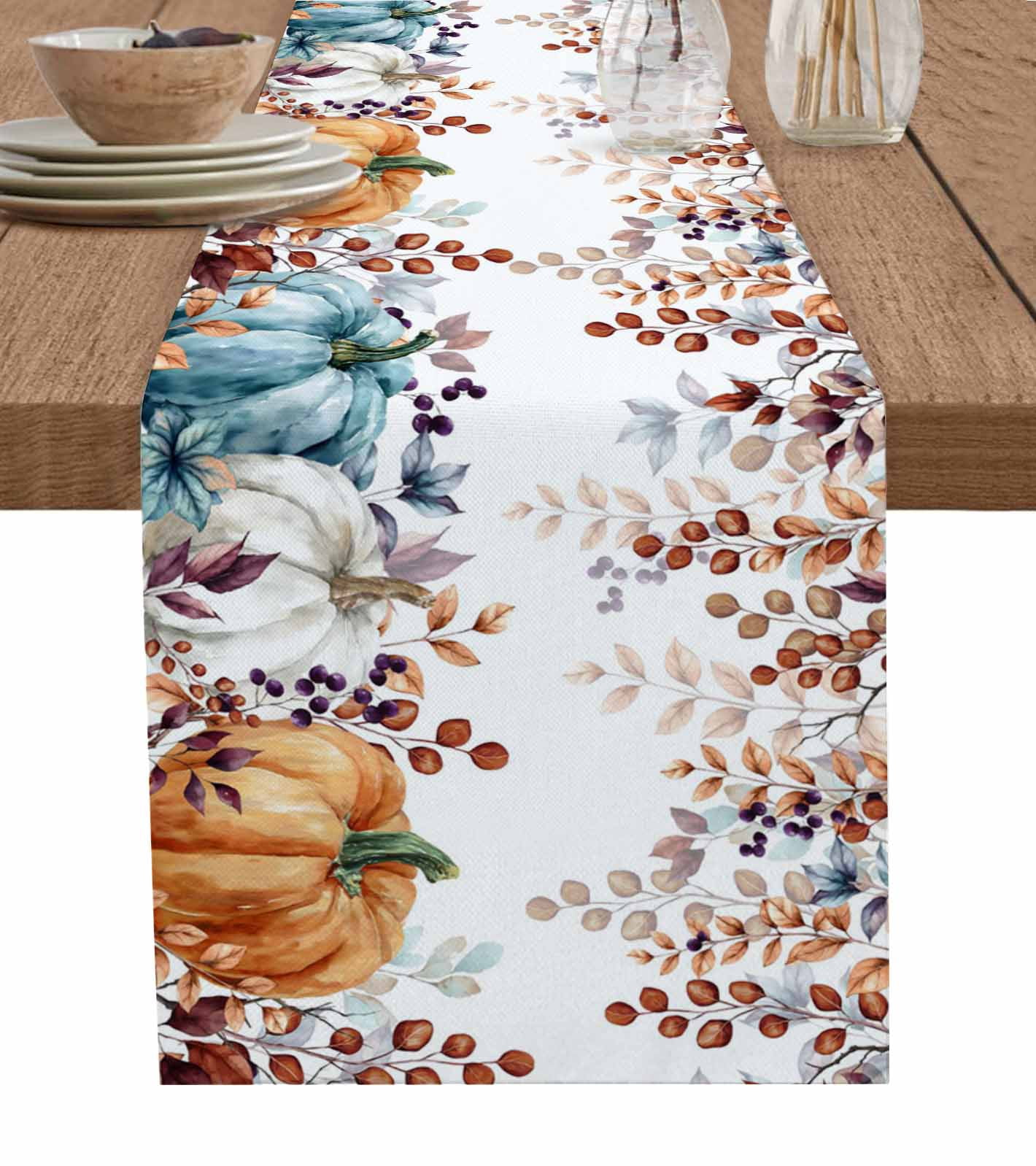 Table Runner 72 Inches Long for Kitchen Dining, Orange Blue Pumpkin ...
