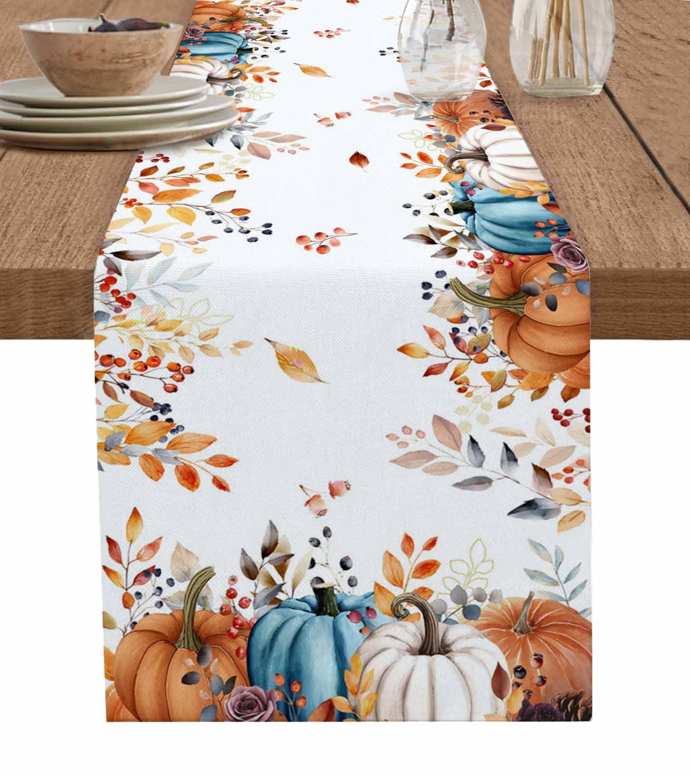 Table Runner 72 Inches Long for Kitchen Dining, Orange Blue Pumpkin ...