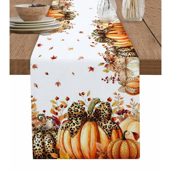 Table Runner 72 Inches Long for Kitchen Dining, Orange Pumpkin Fall Dresser Scarf Farmhouse, Dining Table Decorations for Wedding/Parties, Thanksgiving Botanical Eucalyptus Leaves 14 x 72 In