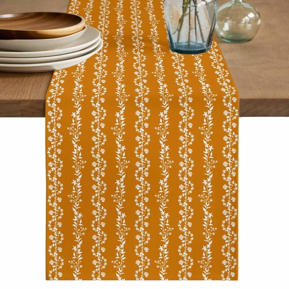 Table Runner 72 Inches Long for Kitchen Dining, Orange Spring Leaves Dresser Scarf Farmhouse, Dining Table Decorations for Wedding/Parties, Pastoral Botanical Striped Flowers 18 x 72 In