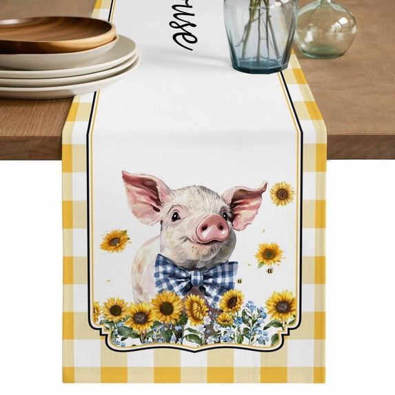 Table Runner 72 Inches Long for Kitchen Dining, Pig Sunflowers Dresser Scarf Farmhouse, Dining Table Decorations for Wedding/Parties, Yellow Floral Elegant Checkered Pastoral 18 x 72 In
