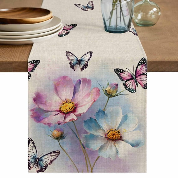 Table Runner 72 Inches Long for Kitchen Dining, Pink Blue Floral Dresser Scarf Farmhouse, Dining Table Decorations for Wedding/Parties, Butterflies Retro Oil Painting 16 x 72 In