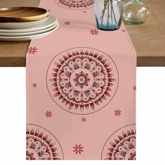 Table Runner 72 Inches Long for Kitchen Dining, Pink Floral Dresser Scarf Farmhouse, Dining Table Decorations for Wedding/Parties, Circular Flowers Ethnic Abstract Aesthetic 14 x 72 In