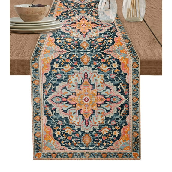 Table Runner 72 Inches Long for Kitchen Dining, Pink Orange Blue Dresser Scarf Farmhouse, Dining Table Decorations for Wedding/Parties, Ethnic Middle Century Geometric Art 13 x 72 In
