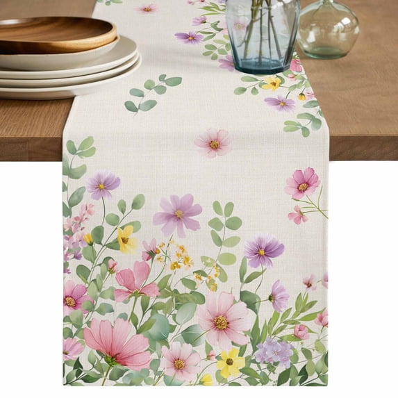 Table Runner 72 Inches Long for Kitchen Dining, Pink Purple Flower Dresser Scarf Farmhouse, Dining Table Decorations for Wedding/Parties, Spring Farmhouse Country Floral Leaf 13 x 72 In
