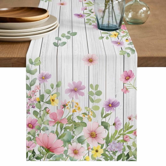 Table Runner 72 Inches Long for Kitchen Dining, Pink Purple Flower Dresser Scarf Farmhouse, Dining Table Decorations for Wedding/Parties, Spring Farmhouse Floral Leaf Wood Grain 16 x 72 In