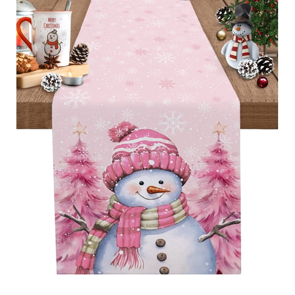 Table Runner 72 Inches Long for Kitchen Dining, Pink Snowman Christmas Dresser Scarf Farmhouse, Dining Table Decorations for Wedding/Parties, Xmas Tree Winter Snowflake Pink 16 x 72 In