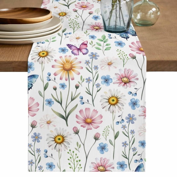 Table Runner 72 Inches Long for Kitchen Dining, Pink Spring Floral Dresser Scarf Farmhouse, Dining Table Decorations for Wedding/Parties, Elegant Pastoral Flowers Butterfly 14 x 72 In