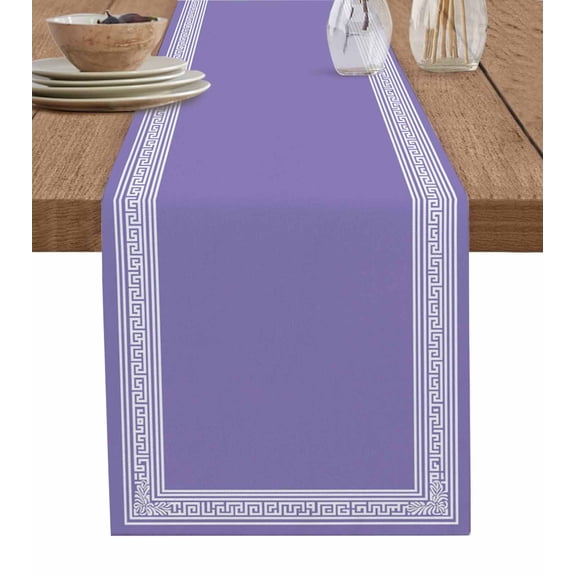 Table Runner 72 Inches Long for Kitchen Dining, Purple Geometric Dresser Scarf Farmhouse, Dining Table Decorations for Wedding/Parties, White Greek Key Design Abstract Modern Art 18 x 72 In