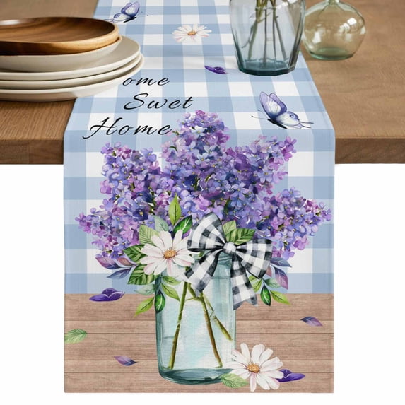 Table Runner 72 Inches Long for Kitchen Dining, Purple Lavender Dresser Scarf Farmhouse, Dining Table Decorations for Wedding/Parties, Spring Daisy Butterfly Plants Watercolor Blue 14 x 72 In