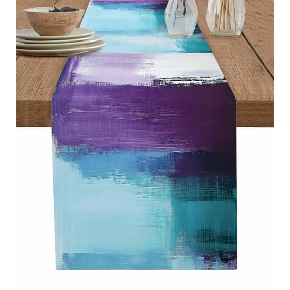 Table Runner 72 Inches Long for Kitchen Dining, Purple Teal Ombre Dresser Scarf Farmhouse, Dining Table Decorations for Wedding/Parties, Abstract Modern Oil Painting Gradient 18 x 72 In