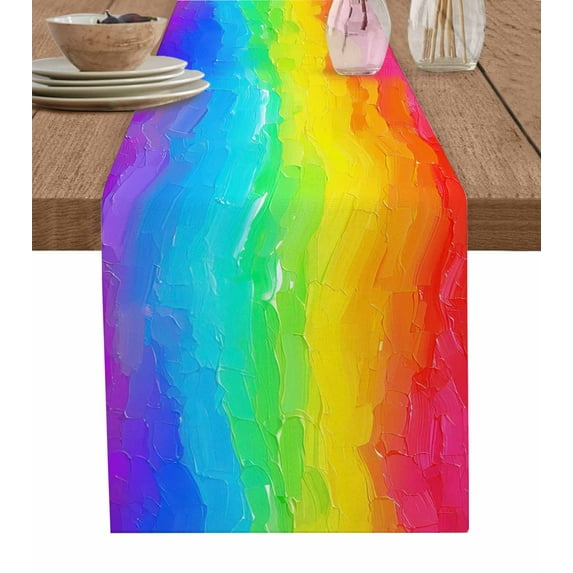 Table Runner 72 Inches Long for Kitchen Dining, Rainbow Oil Painting Dresser Scarf Farmhouse, Dining Table Decorations for Wedding/Parties, Watercolor Colorful Abstract Art 16 x 72 In