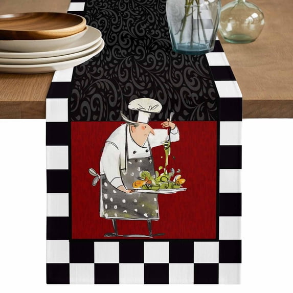 Table Runner 72 Inches Long for Kitchen Dining, Red Black Chef Dresser Scarf Farmhouse, Dining Table Decorations for Wedding/Parties, Cartoon Cute Watercolor Cooking Plaid 14 x 72 In