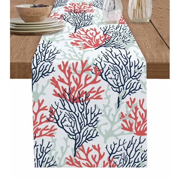 Table Runner 72 Inches Long for Kitchen Dining, Red Navy Blue Coral Coastal Dresser Scarf Farmhouse, Dining Table Decorations for Wedding/Parties, Summer Beach Seaside Nautical 18 x 72 In