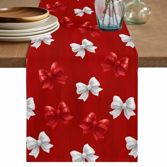 Table Runner 72 Inches Long for Kitchen Dining, Red White Bow Dresser Scarf Farmhouse, Dining Table Decorations for Wedding/Parties, Modern Art Watercolor Bowknot 14 x 72 In