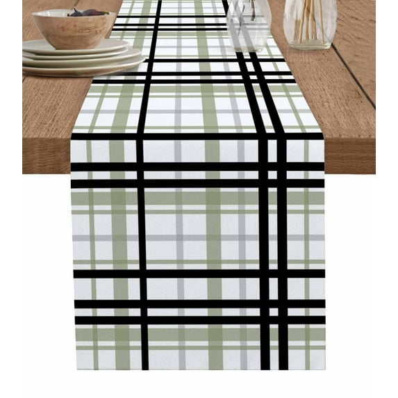 Table Runner 72 Inches Long for Kitchen Dining, Sage Green Black Plaid Dresser Scarf Farmhouse, Dining Table Decorations for Wedding/Parties, Farmhouse Green Black Checkered 18 x 72 In