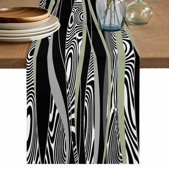 Table Runner 72 Inches Long for Kitchen Dining, Sage Green Black Stripes Dresser Scarf Farmhouse, Dining Table Decorations for Wedding/Parties, Grey Abstract Gradient Striped 14 x 72 In