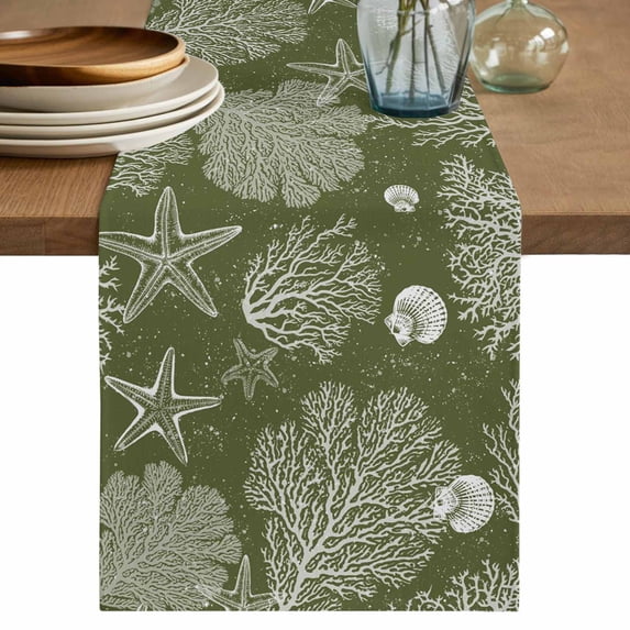 Table Runner 72 Inches Long for Kitchen Dining, Sage Green Coastal Dresser Scarf Farmhouse, Dining Table Decorations for Wedding/Parties, Starfish Coral Summer Beach Ocean 18 x 72 In
