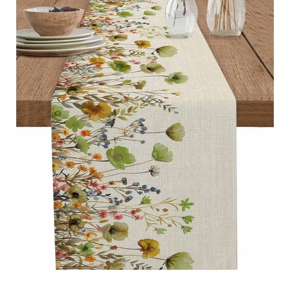 Table Runner 72 Inches Long for Kitchen Dining, Sage Green Yellow Spring Floral Dresser Scarf Farmhouse, Dining Table Decorations for Wedding/Parties, Watercolor Botanical Summer Flowers 13 x 72 In