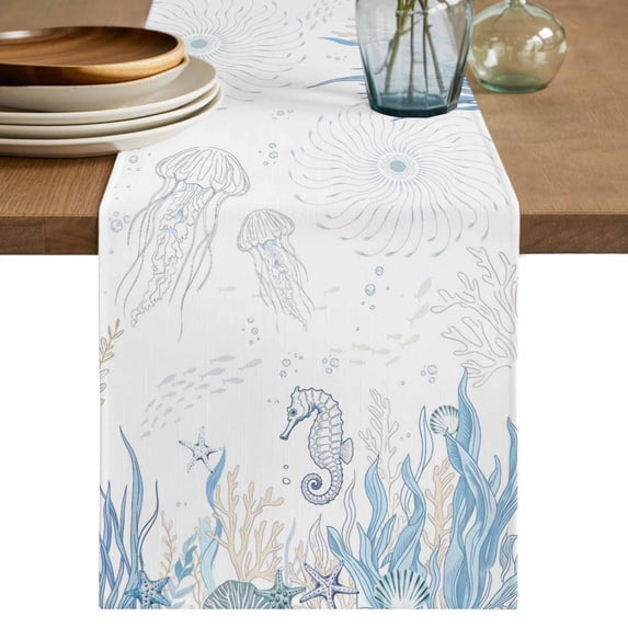 Table Runner 72 Inches Long for Kitchen Dining, Seahorse Coastal Dresser Scarf Farmhouse, Dining Table Decorations for Wedding/Parties, Summer Beach Ocean Nautical Coral 16 x 72 In