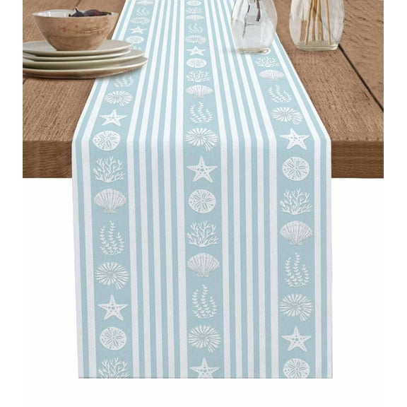 Table Runner 72 Inches Long for Kitchen Dining, Sky Blue Striped Coastal Dresser Scarf Farmhouse, Dining Table Decorations for Wedding/Parties, Nautical Beach Starfish Shell 18 x 72 In