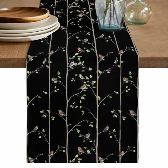 Table Runner 72 Inches Long for Kitchen Dining, Sparrow Dresser Scarf Farmhouse, Dining Table Decorations for Wedding/Parties, Spring Birds on The Branches Vintage Country Black 16 x 72 In