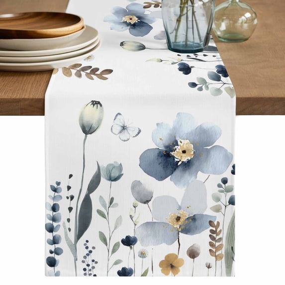 Table Runner 72 Inches Long for Kitchen Dining, Spring Blue Floral Dresser Scarf Farmhouse, Dining Table Decorations for Wedding/Parties, Country Garden Wildflowers Botanical 16 x 72 In