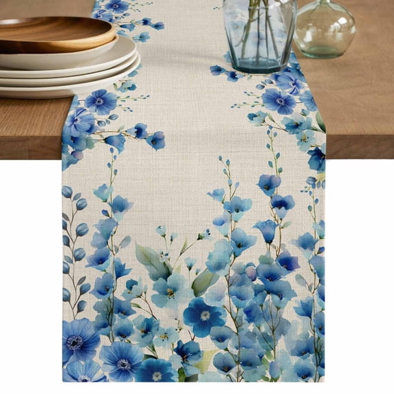 Table Runner 72 Inches Long for Kitchen Dining, Spring Blue Floral Dresser Scarf Farmhouse, Dining Table Decorations for Wedding/Parties, Farmhouse Weeping Floral Leaves Burlap 16 x 72 In