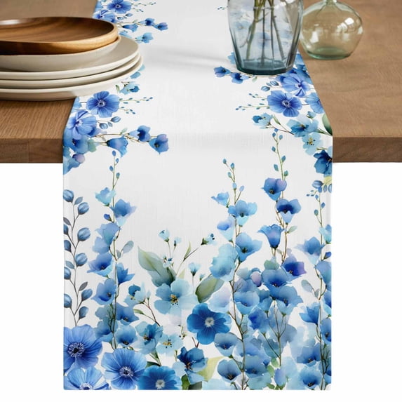 Table Runner 72 Inches Long for Kitchen Dining, Spring Blue Floral Dresser Scarf Farmhouse, Dining Table Decorations for Wedding/Parties, Farmhouse Weeping Floral Leaves 14 x 72 In