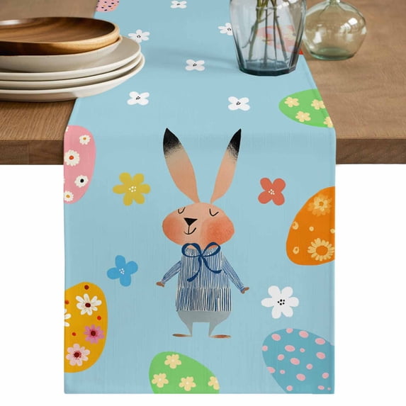 Table Runner 72 Inches Long for Kitchen Dining, Spring Easter Dresser Scarf Farmhouse, Dining Table Decorations for Wedding/Parties, Bunny Colorful Eggs Floral Blue 18 x 72 In